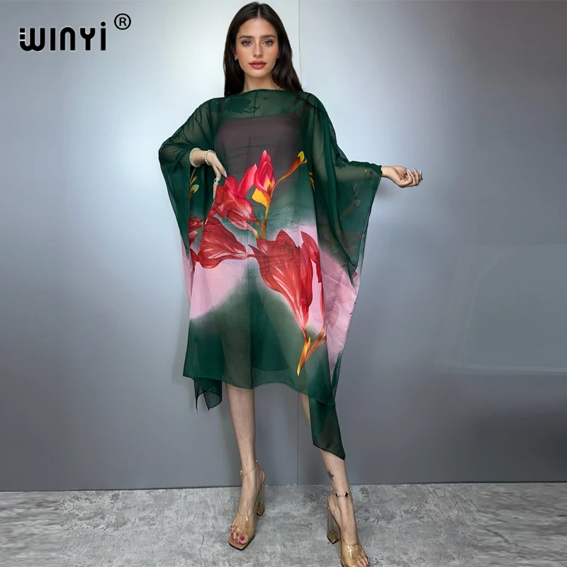 

WINYI boho print Women summer fashion Party dress Beachwear Africa Lady kaftan holiday Perspective Female Beach Cover Up Robe