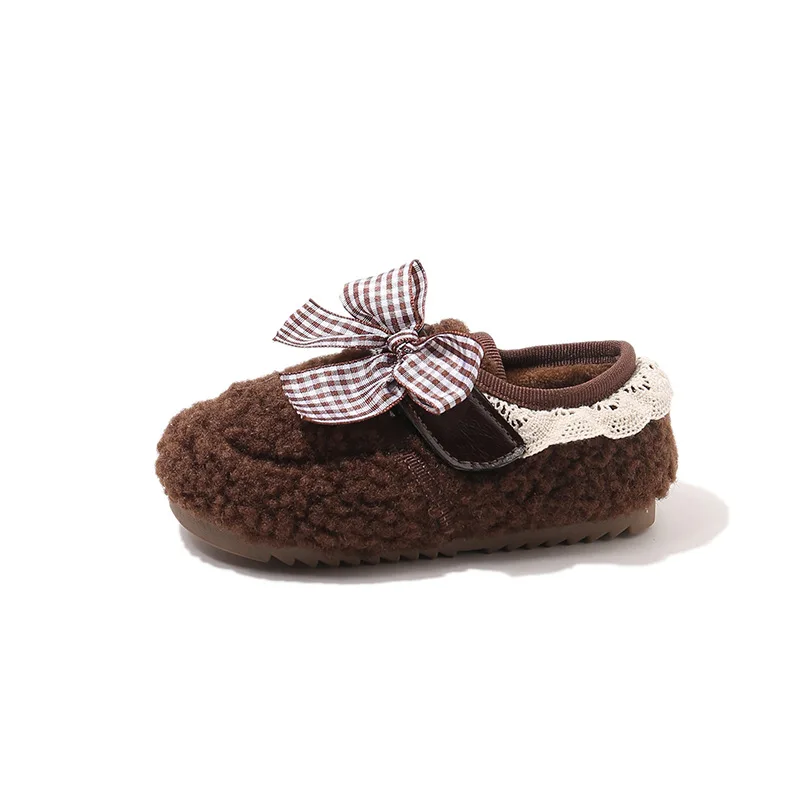 Girls Princess Shoes Sweet Bows Kids Suede Warm Shoes Comfortable 2025 Winter New Children Casual Flat Shoes Fashion Versatile