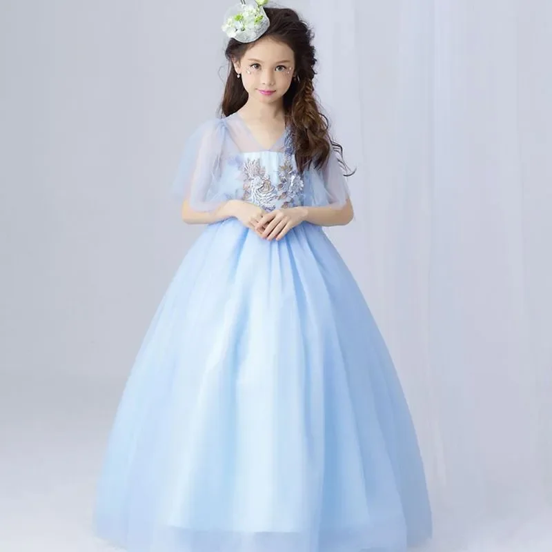 Light Blue Flower Girl Dresses Princess Tulle Lace Appliques Bead Ball Gown First Communion Prom Costumes Fashion 2023