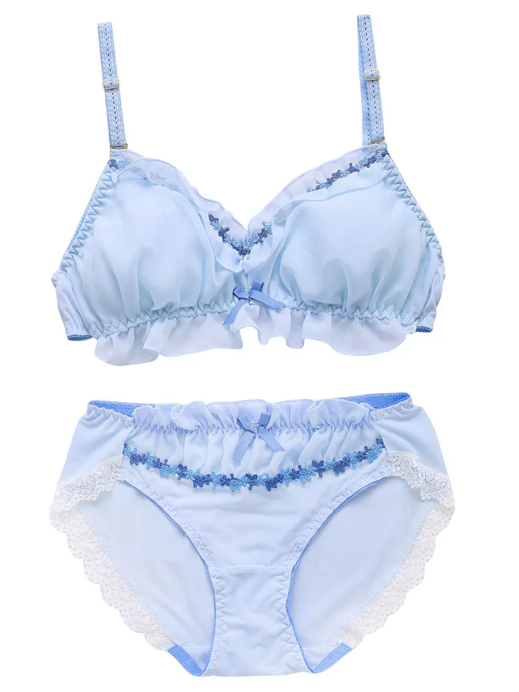 

Japanese-style fresh chiffon thin triangular cup wireless bra set, cute lace youthful sexy lingerie