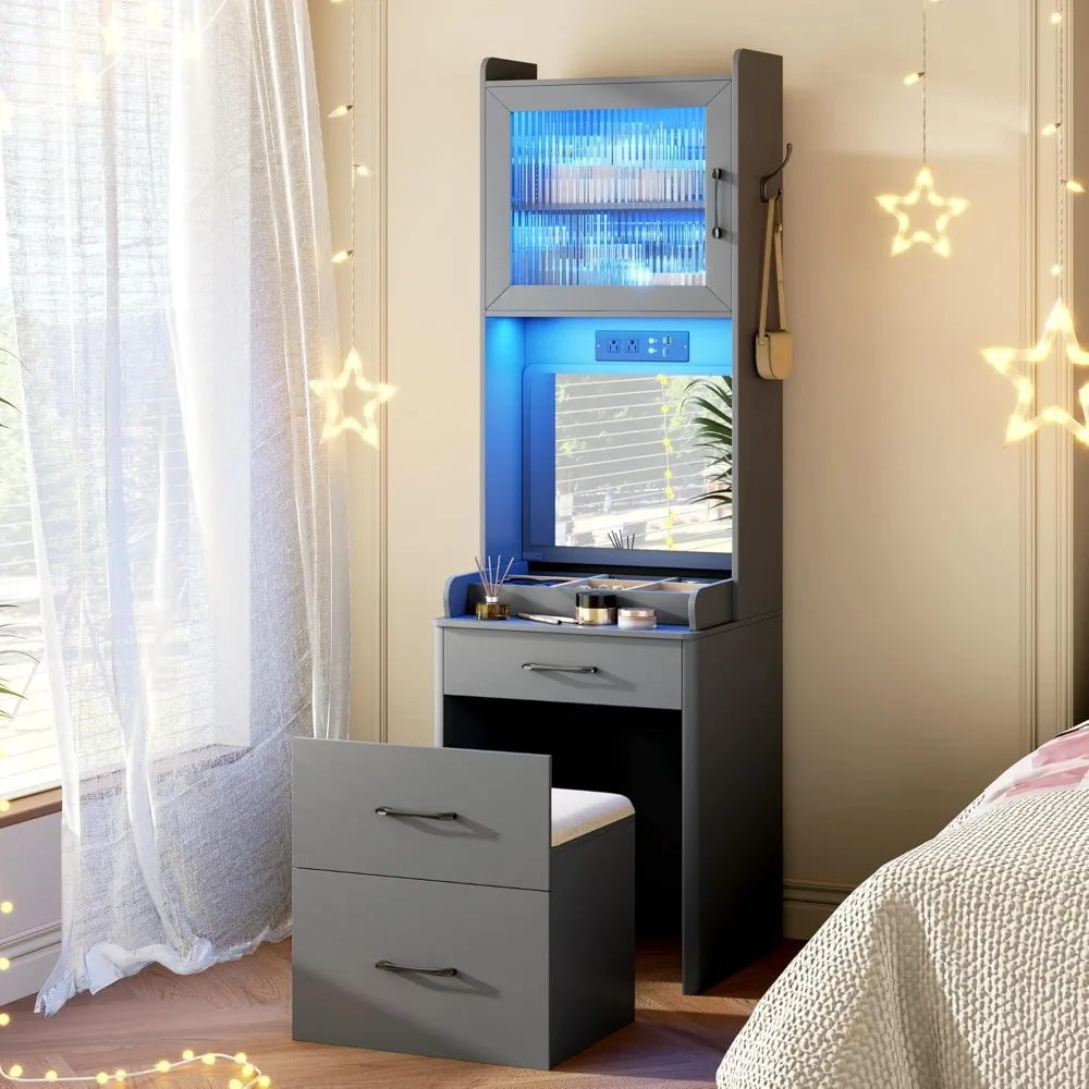 

70" H Vanity Desk with Mirror and Lights, Vanity Set with Hidden Stool, Drawers, Power Outlet, Makeup Dressing Table for Small