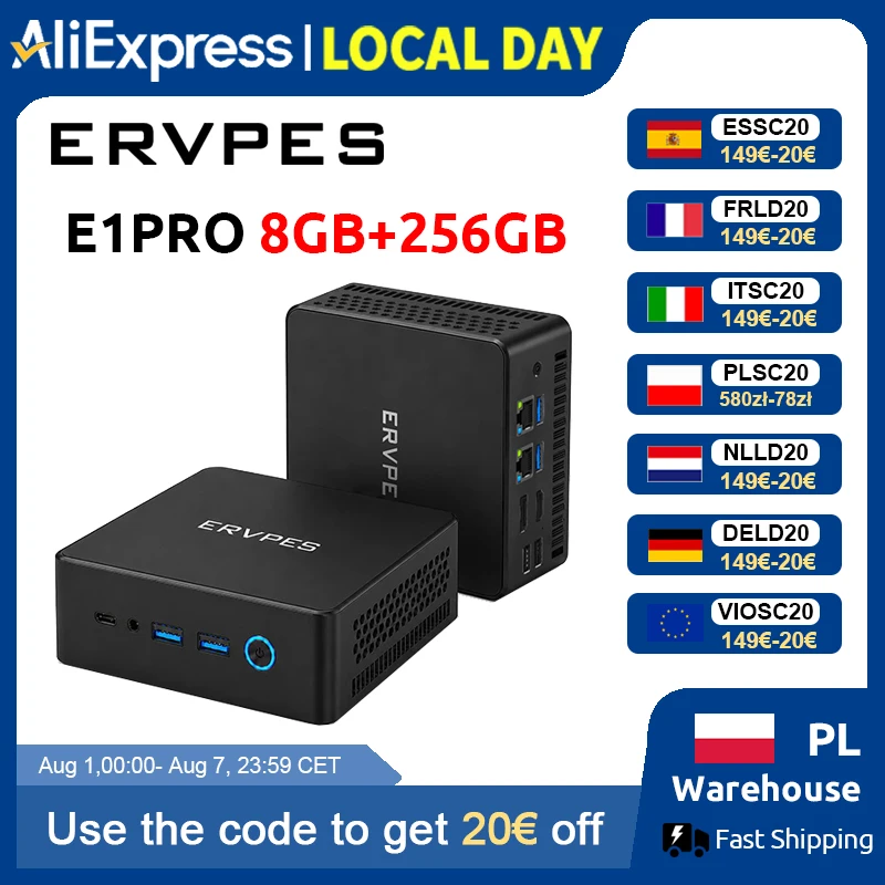 Mini PC ERVPES E1 con AMD Ryzen 3 3250C, 8GB DDR4, SSD de 256GB, Windows 11 Pro, Wifi de Doble Banda, BT5.2, Mini Computadora de Escritorio para Oficina