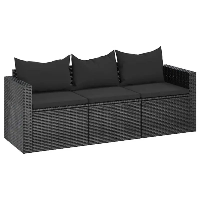 Fotografia 3: Sofá de jardim para 3 pessoas com almofadas, preto, polirattan