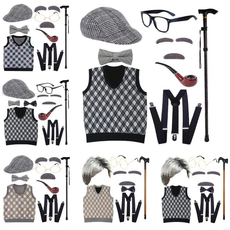 B95F Conjunto disfraz 100 días escuela para niños, disfraz anciano Halloween, sombrero, chaleco para abuelo,