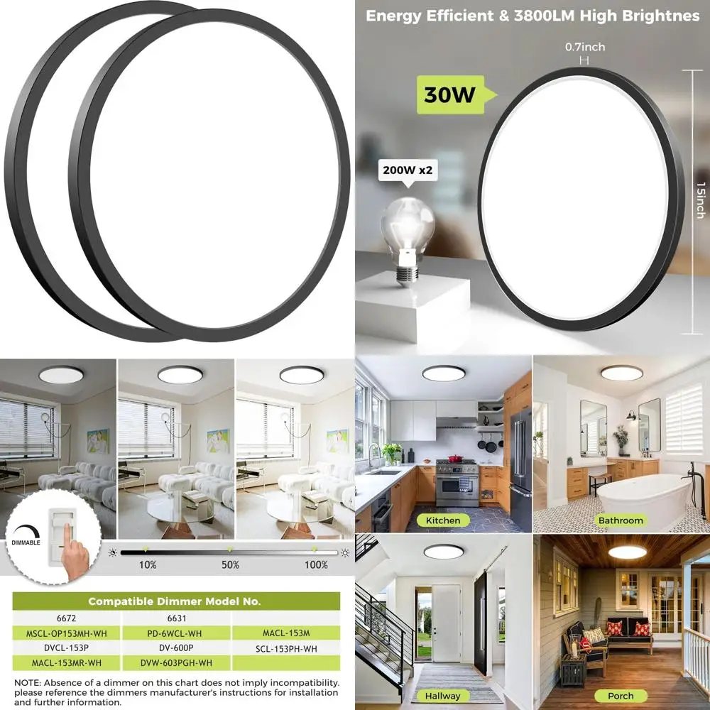 

15 30W Dimmable LED Flush Mount Ceiling Light, Adjustable Color Temperature, Suitable for Kitchen & Hallway - Black