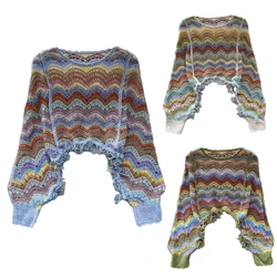 Womens Tassels Knitted Crop Tops Shrugs Crochet Hollow Out Long Sleeve Loose Shirt Fall Knitwear Sweater Tops Gifts