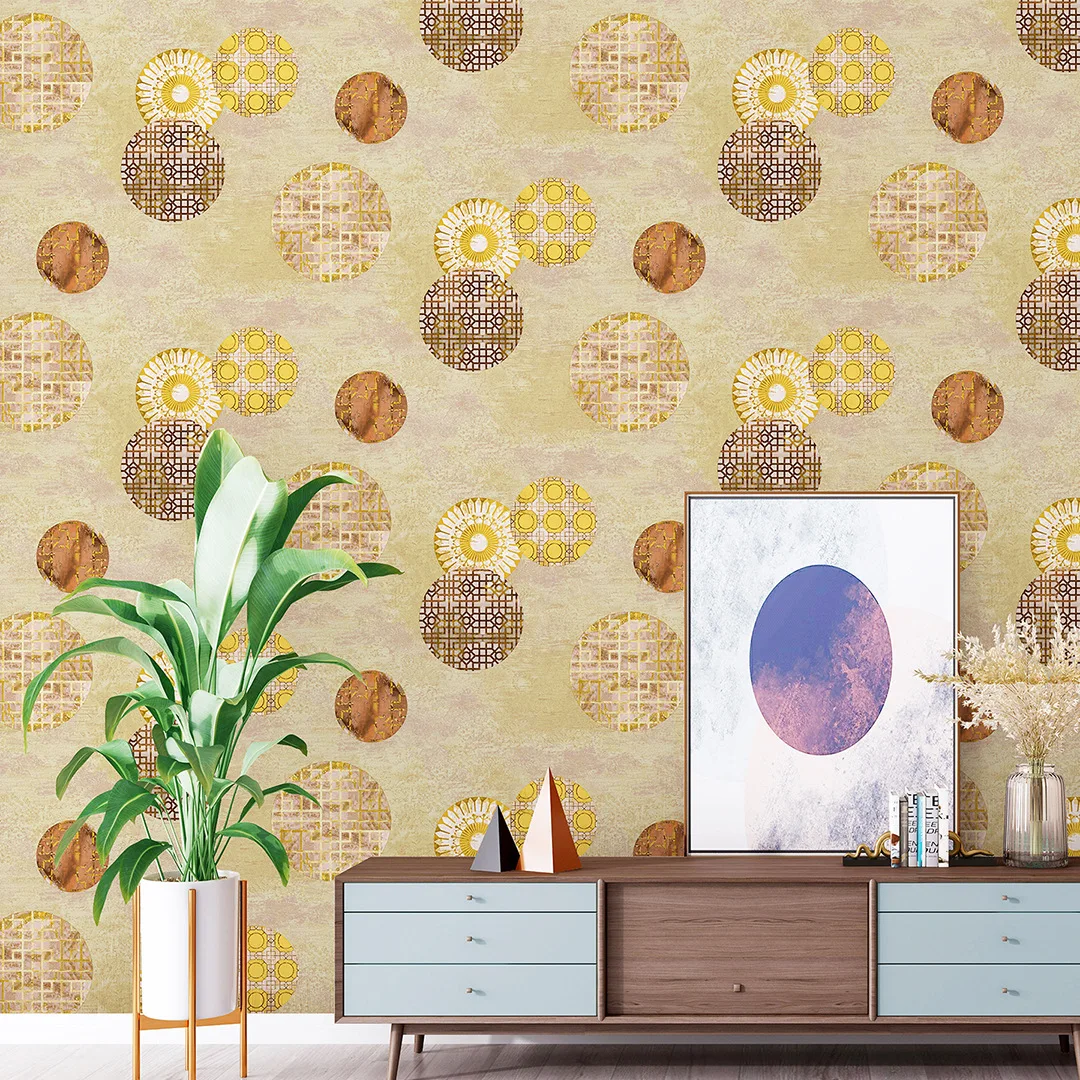 New Chinese Retro Circle Wallpaper Home Hotel Library Room Background Mural Classic Zen Bronzing Wall Paper Gold 3D