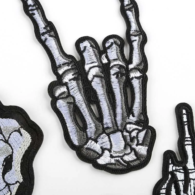 12 Stück/Schwarze Stoff-Applikationen Punk-Patches Thermoklebende Totenkopf-Geisterfinger-Stickereien Aufbügelbare Aufkleber für Kleidung, Jacken – Detail 11
