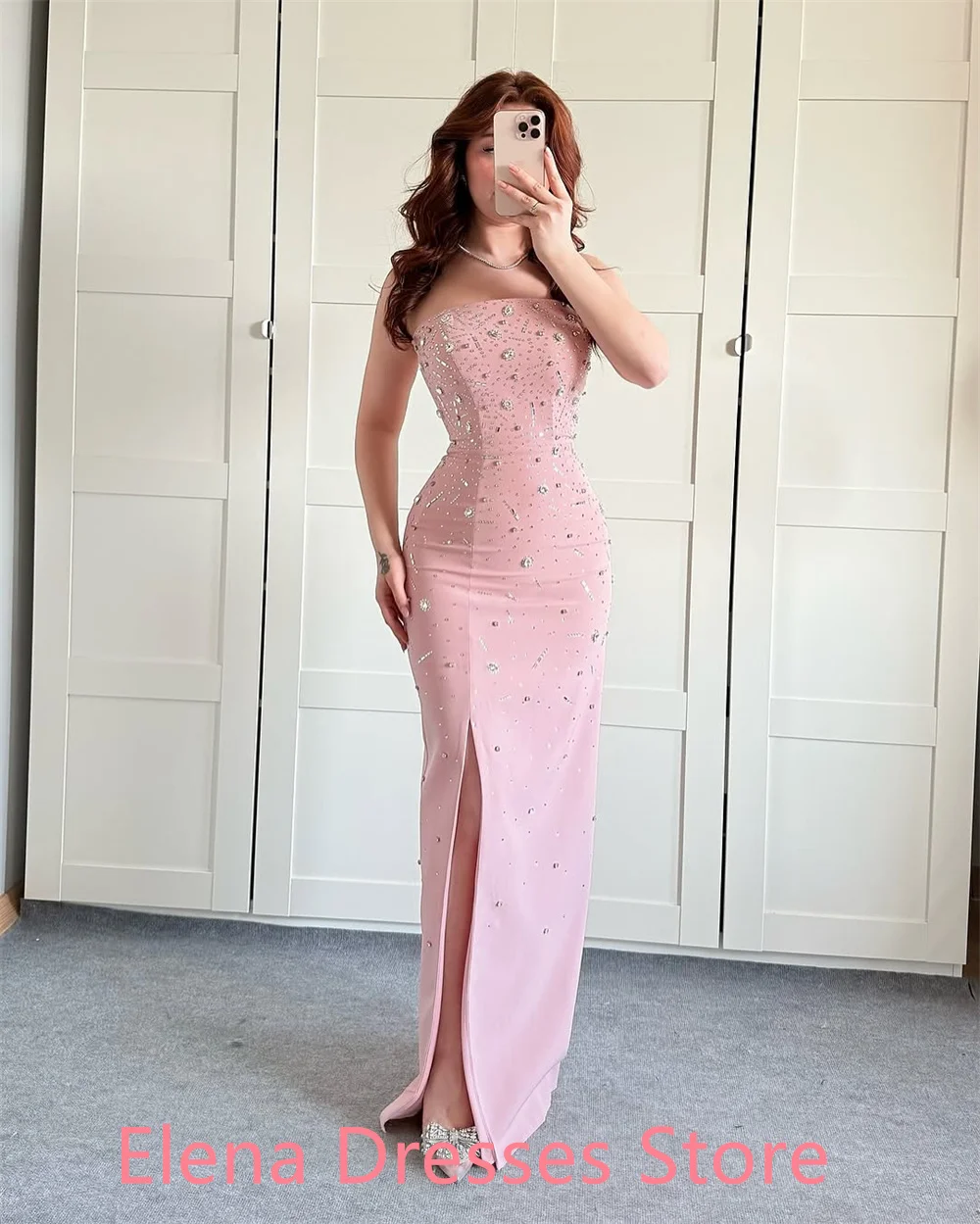 Vestido de fiesta de Jersey rosa elegante/gragico personalizado, vestido clásico sin tirantes de cristal con gradas, vestido de sirena con cremallera en la espalda