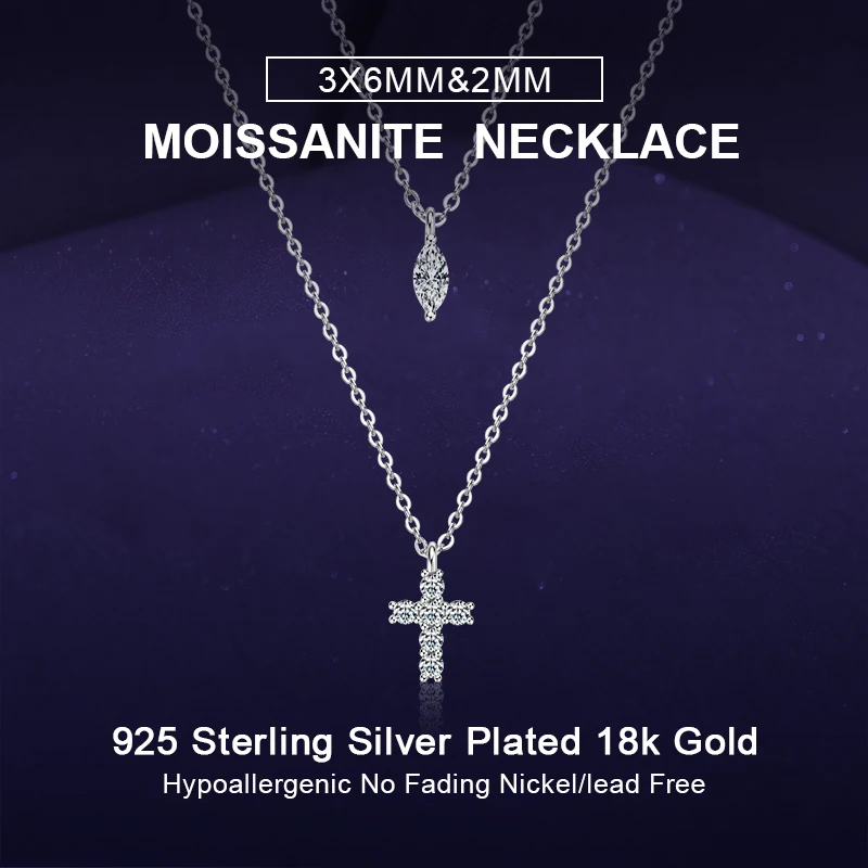 IOGOU 3x6mm&2mm Moissanite Cross Layered Pendant Necklace for Women 925 Silver Religion Double Collar Chain Fine Jewelry Gifts