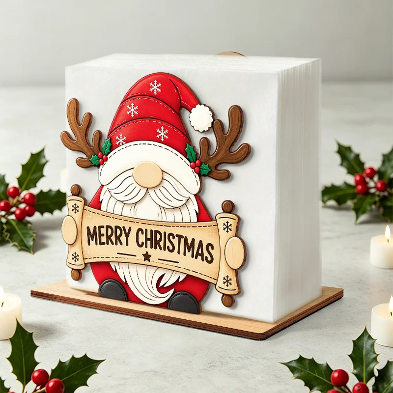 1pc/2pcs/3pcs Christmas Gnome Wooden Napkin Holder Antler Gnome Merry Christmas Sign Napkin Organizer for Restaurant Decoration