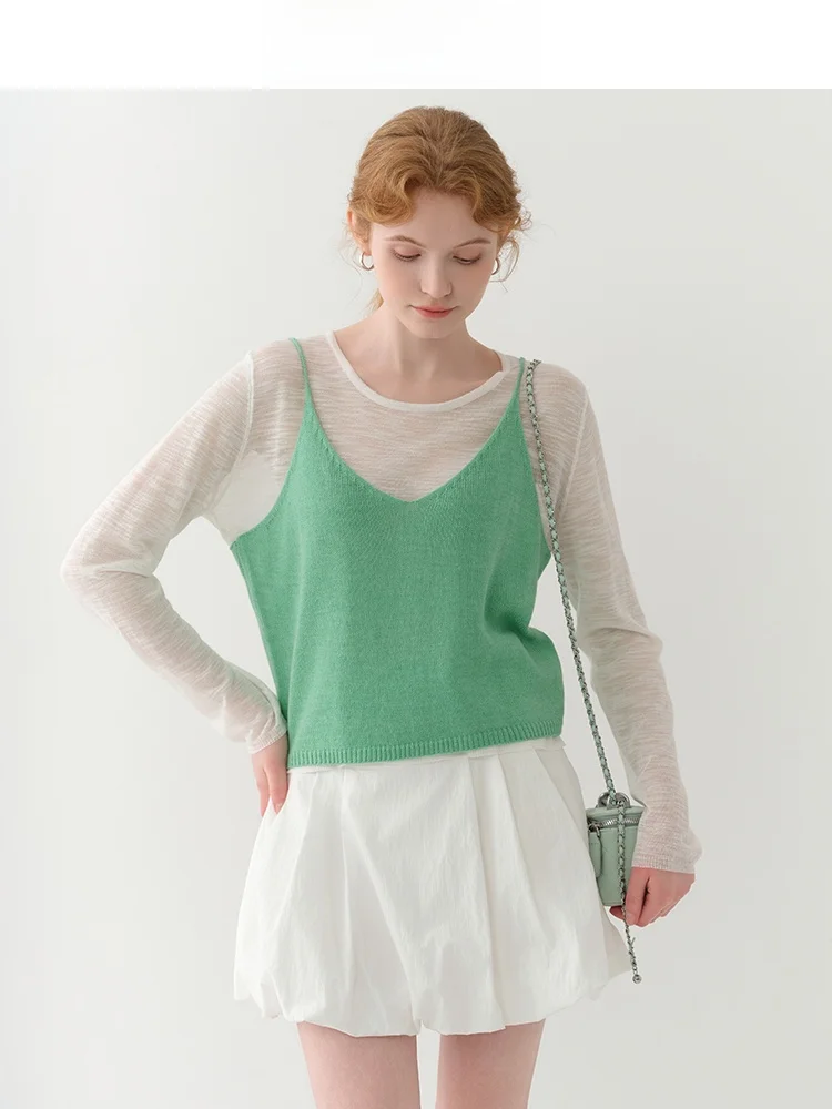 

Jiujiu Retro Casual Two-Piece Set Knitted Women's Summer 2025 New Thin Sun Protection Cover up Long Sleeve round Neck Top