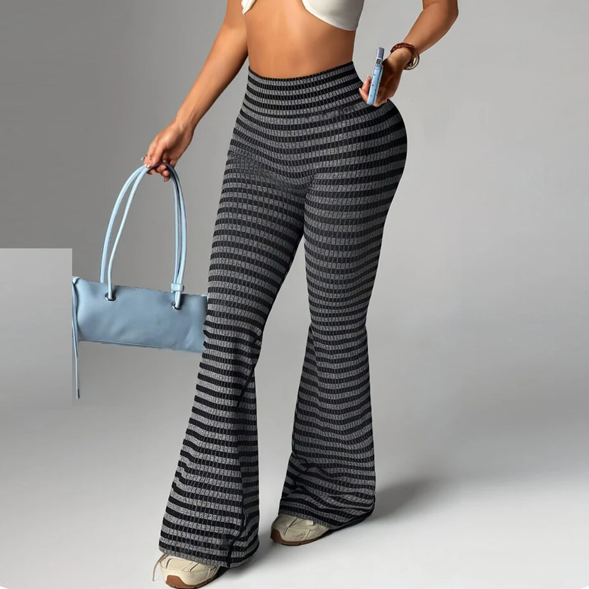 Women High Waist Ribbed Striped Bootcut Leggings Elastic Flared Pants Casual Daily Fitness Yoga Trousers