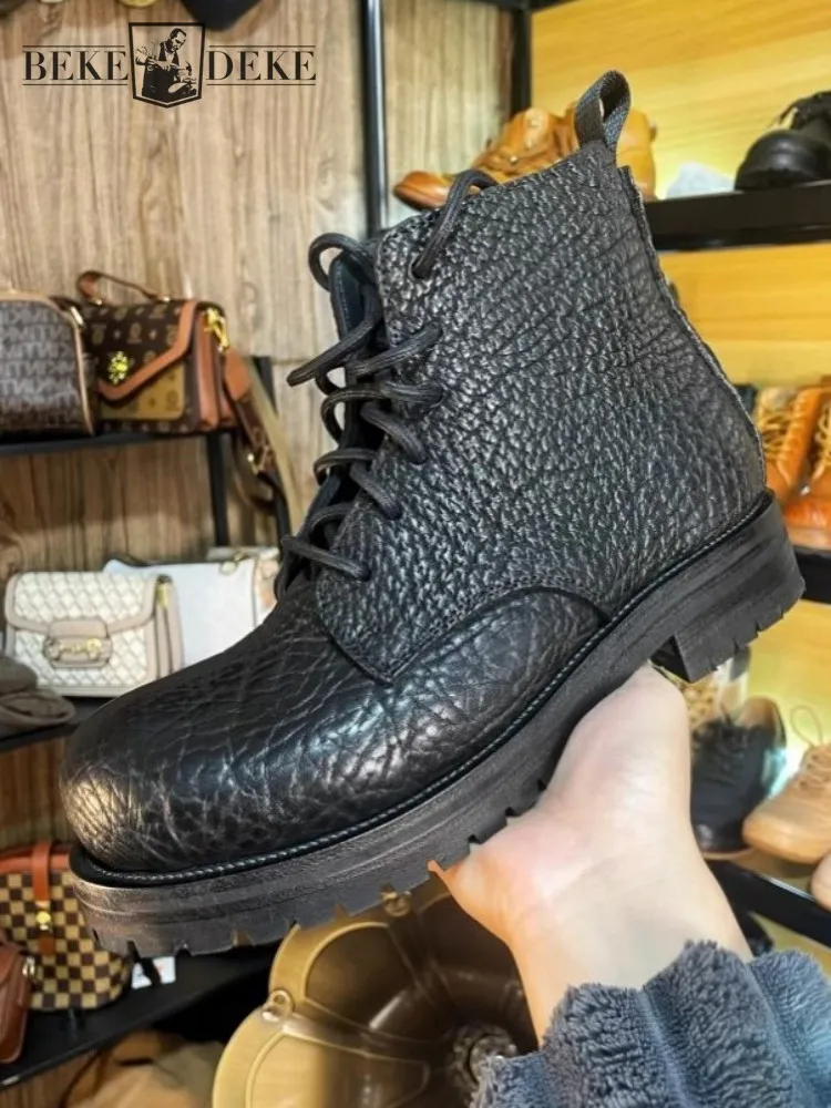 Handmade Men High Quality Genuine Leather Boots Lace Up Round Toe Cargo Work High Top Shoes Male Vintage Motorcycle Short Boots