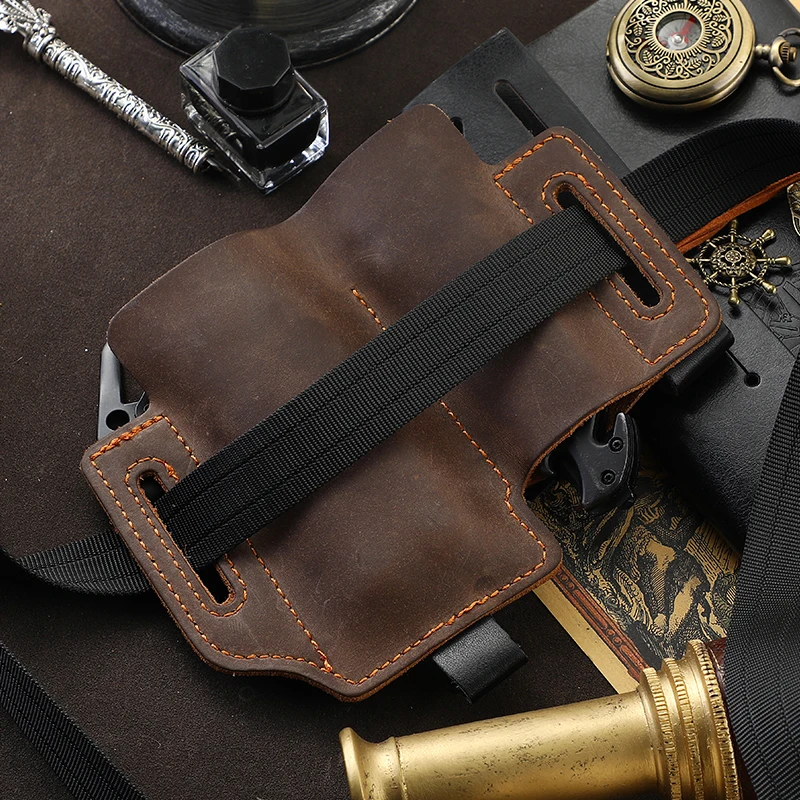 Genuine Cowhide Leather With Buckle Outdoor Portable Tactical Multifunction Belt Holster Pocket EDC Multitool Sheath Hunting Bag