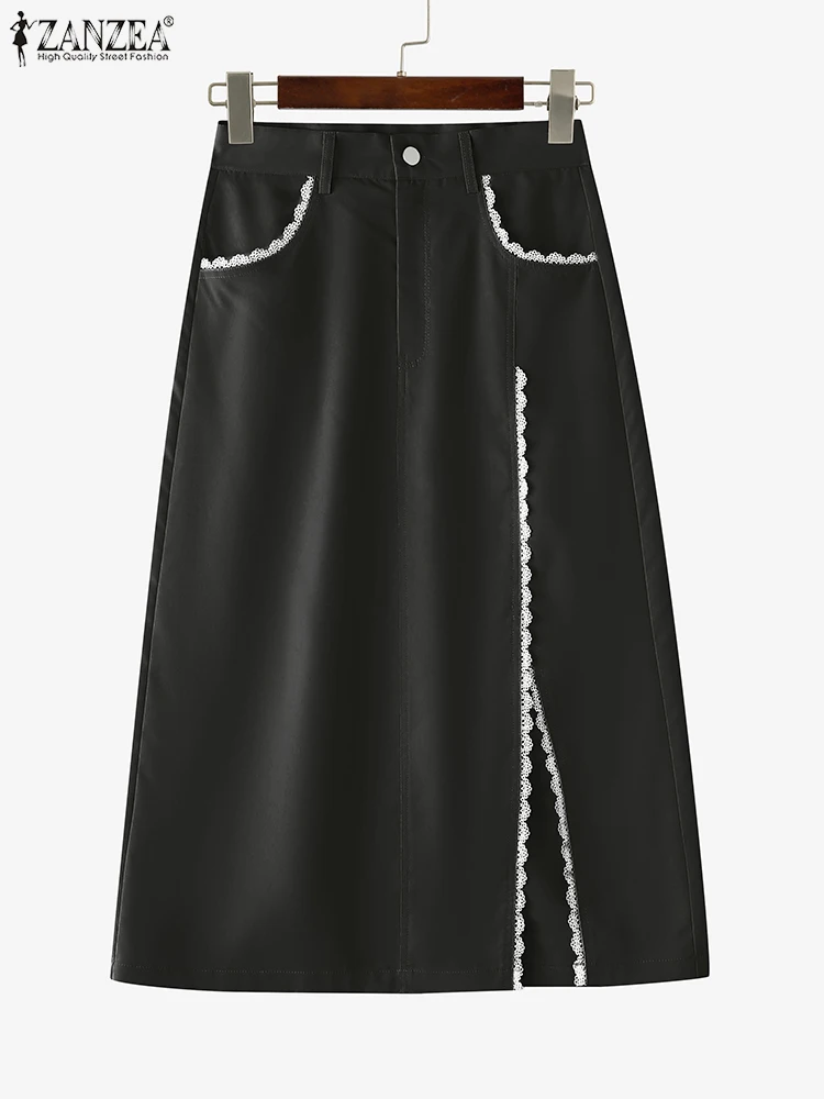 

ZANZEA 2022, винтажные юбки, женские осенние длинные юбки Faldas Saia, модные кружевные пакеты с высокой талией и разрезом, повседневные свободные плавки миди