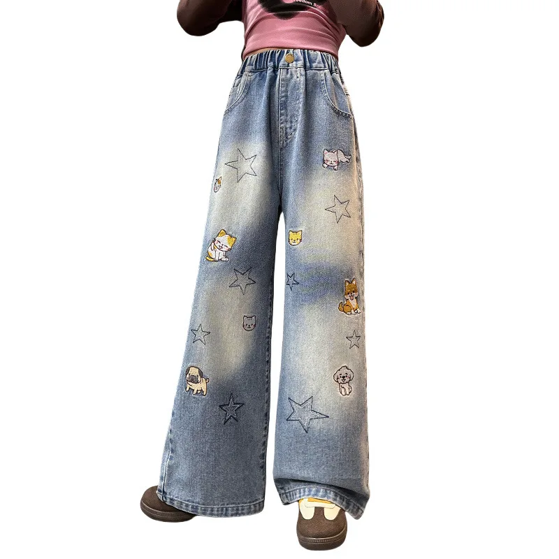 Girls Jeans Spring Autumn Cartoon Wide Leg Jeans for Teenage Kids Heavy Embroidery Star Loose Straight Leg Trousers for Children