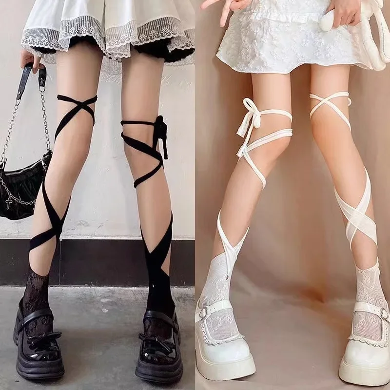 Sexy Jk Tie Lace Fishnet Stockings Irregular Split-toe Calf Socks Women's Middle Tube Socks Straps Summer Long Japanese Socks