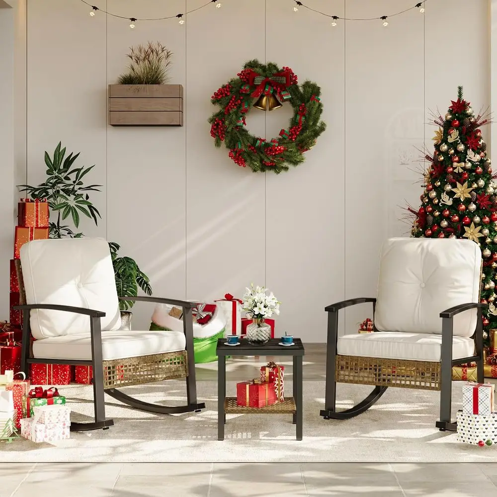 

2-Person Outdoor Wicker Rocking Bistro Set with Cushions for Patio, Garden, Balcony, Backyard, Poolside (Beige)