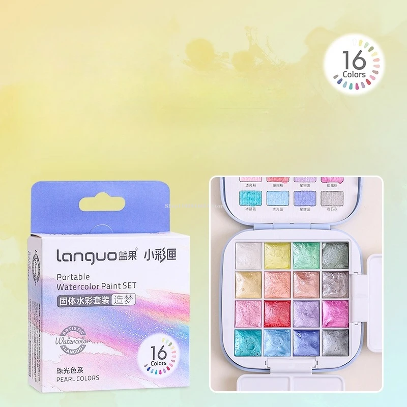 16-Color Solid Watercolor Paint Set/Classic Macaron Pearlescent Color Mini Portable Professional Art Sketch Gouache Painting