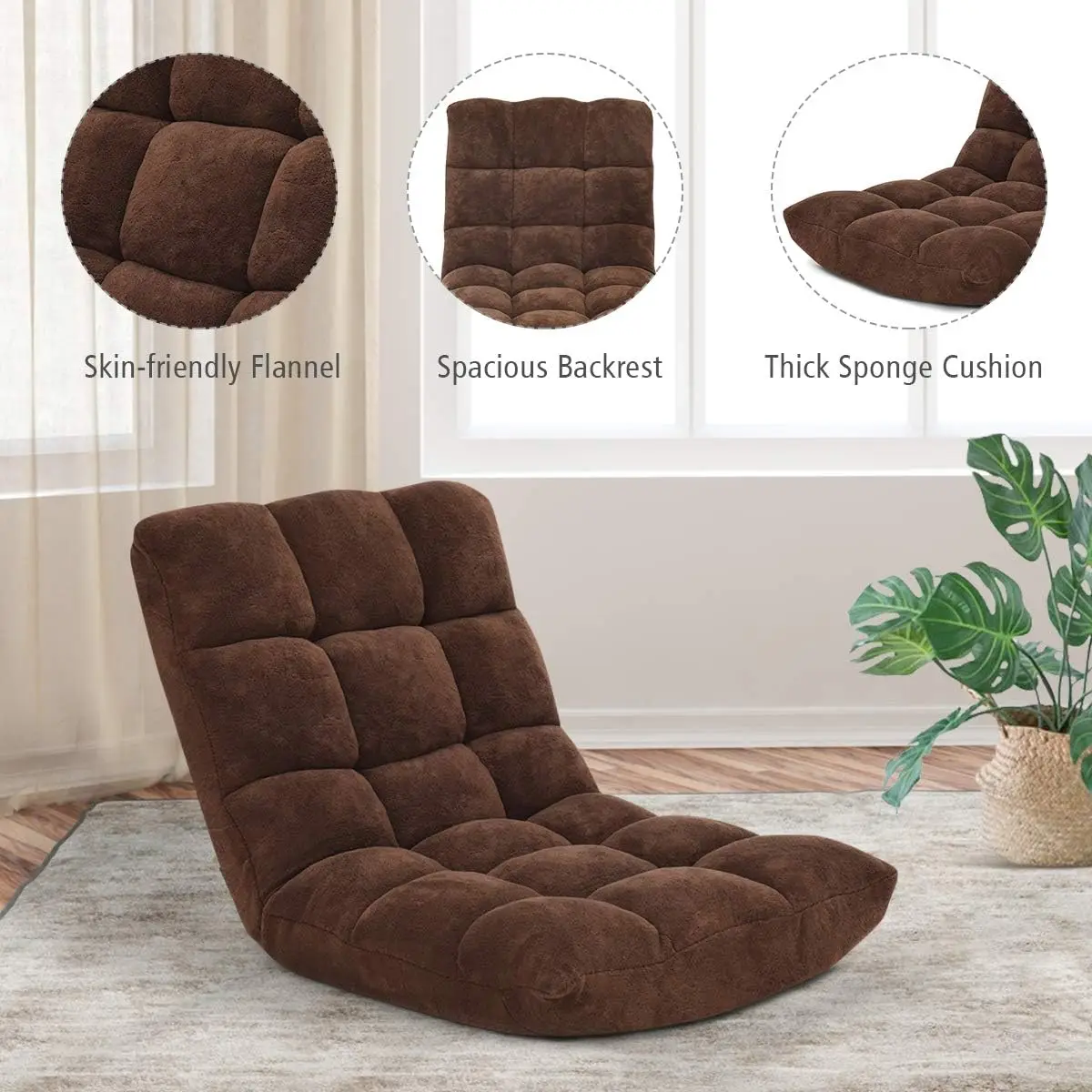 أريكة أرضية قابلة للطي مكونة من 14 موضعًا قابلة للتعديل للألعاب أريكة استرخاء كرسي مبطن سرير نوم قابل للطي لغرفة المعيشة وغرفة النوم باللون البني #5