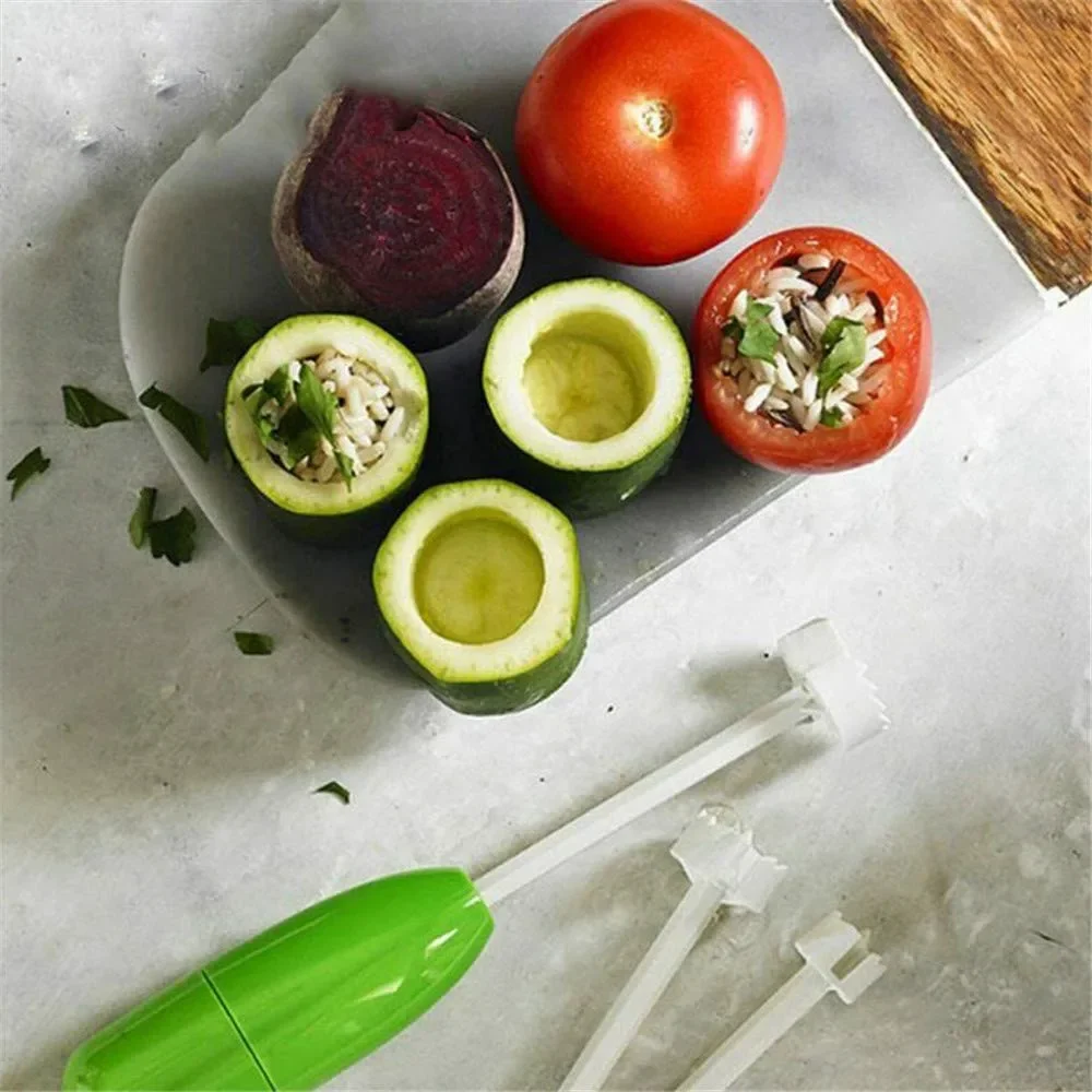 4 in 1 Fruit Vegetable Corer Spiral Digging Vege Drill Veggie Corkscrew Carver with 4Pcs Replaceable Head Spiralizer Cutter Tool