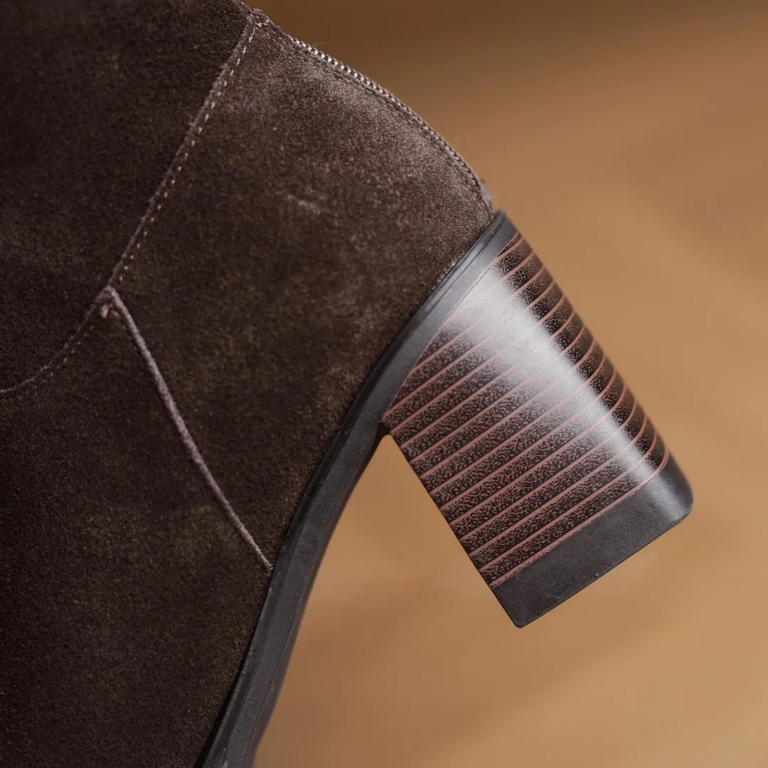 المرأة جلد الغزال الطبيعي جولة تو الظهر البريدي الخريف حذاء برقبة للركبة 7.5 سنتيمتر كعب مكتنز منصة أنيقة السيدات أحذية طويلة الساخن #6