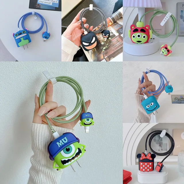4 szt. Zestaw ochraniaczy na kabel do iPhone'a/iPada 18W/20W etui na ładowarkę 3D Cartoon Cartoon organizery przewodów do zarządzania przewodami do telefonu