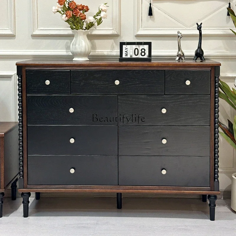 

02 French Retro Solid Wood Nine-Drawer Cabinet for Bedroom and Living Room Wall-Mounted Storage Cabinet
