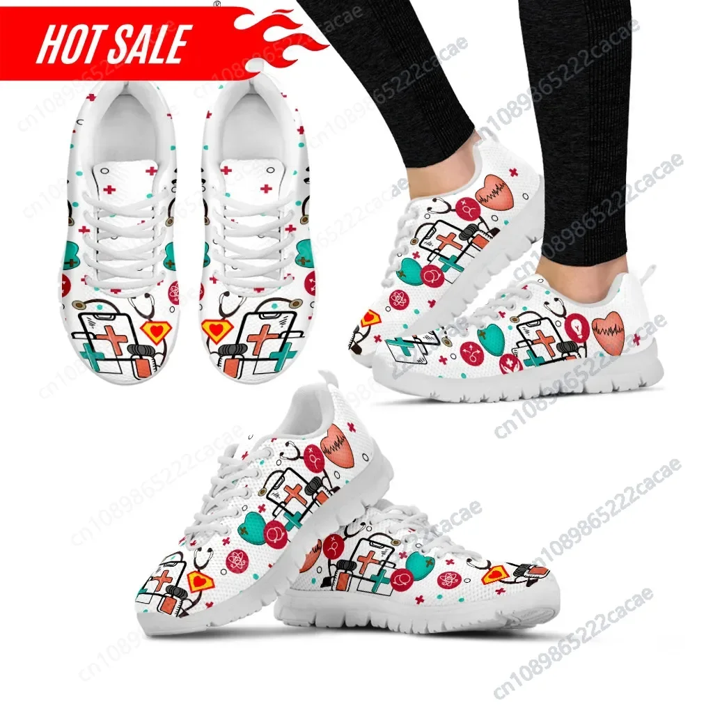 

Women Casual Flats Shoes Physician Nursing Staff EMT ECG Print Lace Up Mesh Sneakers Female Footwear chaussure femme