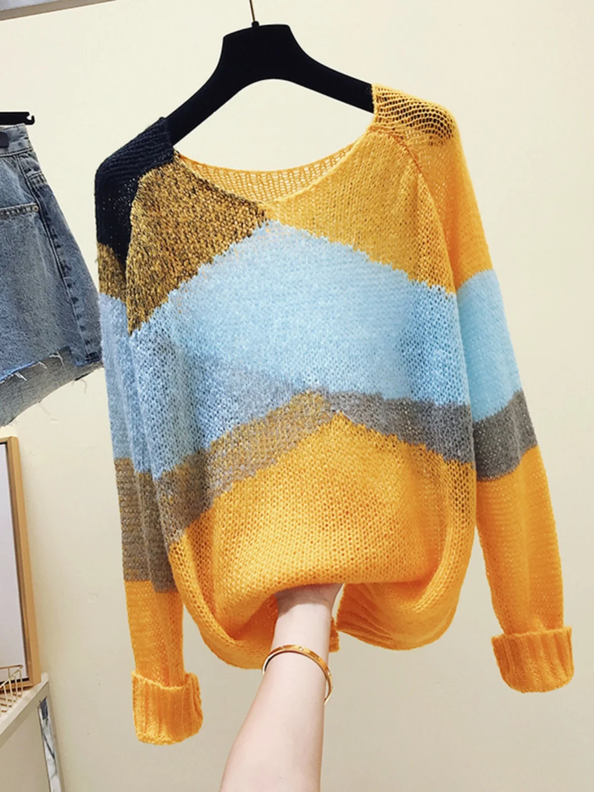 

Loose Long Sve Women's Knitted Sweater Mid-Length Korean Sle Color Blo Camere Comfortable Casual Sle V-Ne Pullover