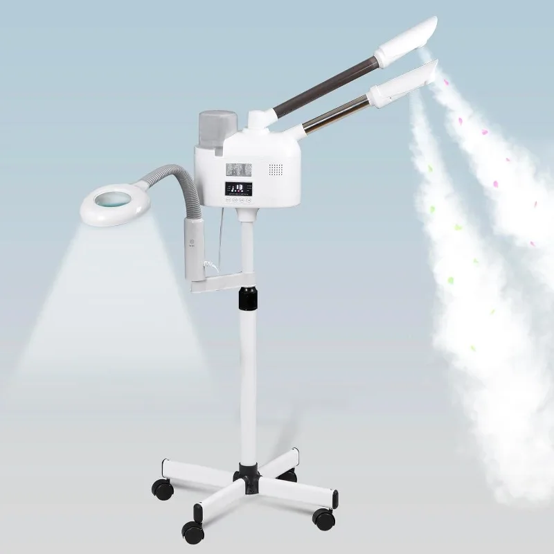 

Professional 3 in 1 Facial Steamer Deep Cleaning Ozone Facial Steamer 5X Magnifying Light &Rolling Wheels Hot/Cold Mist Function