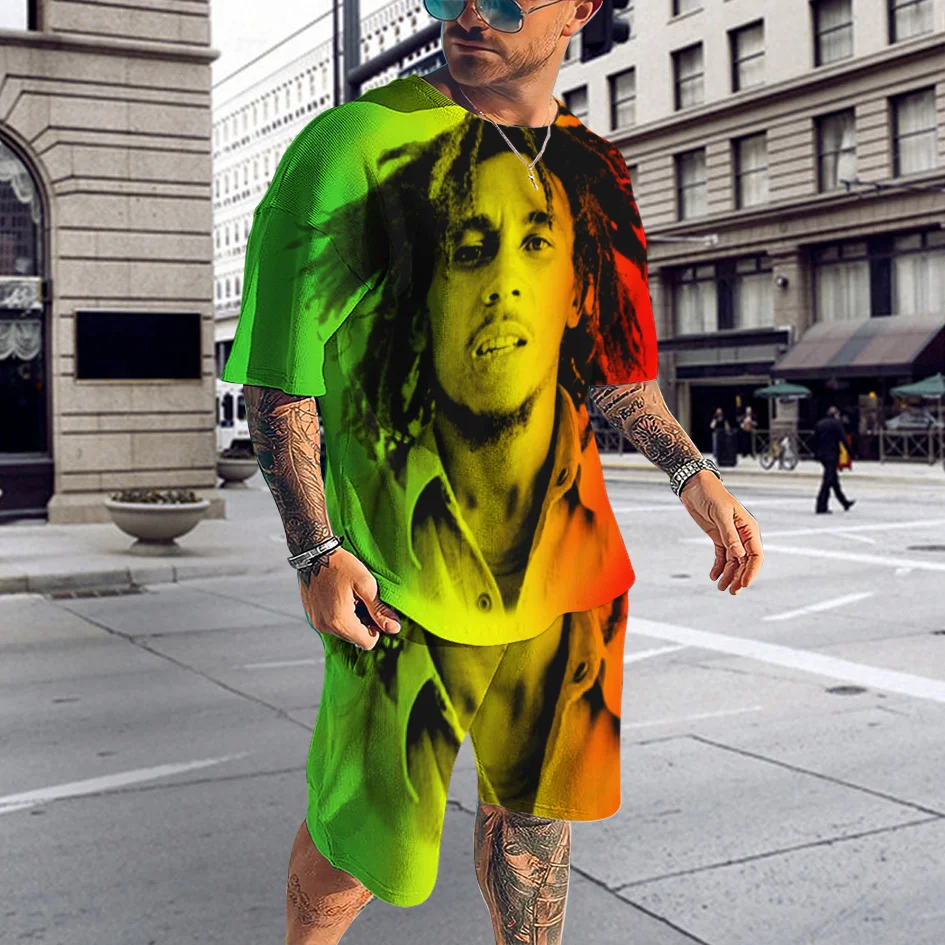 Traje de entrenamiento de Bob Marley para hombre, Conjunto de camiseta de cantante de música Rock, pantalones cortos de moda urbana, traje de Reggae