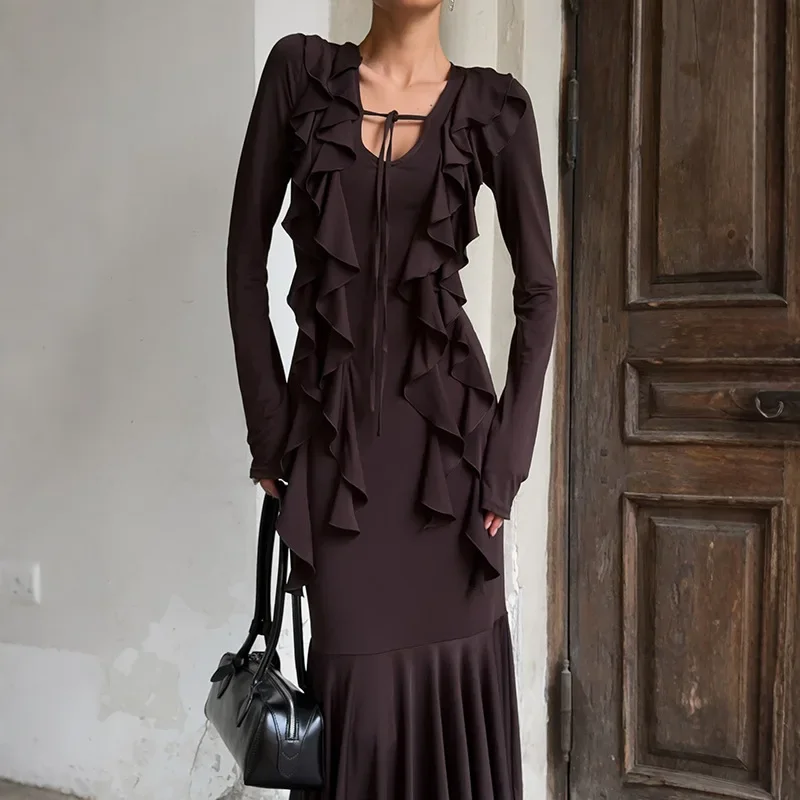 

Fmxires Fashion Ruffled Long Sleeve Dress For Women Lace Up Fashion Splice Slim Maxi Dress 2025 New Vacation Party Female Dress