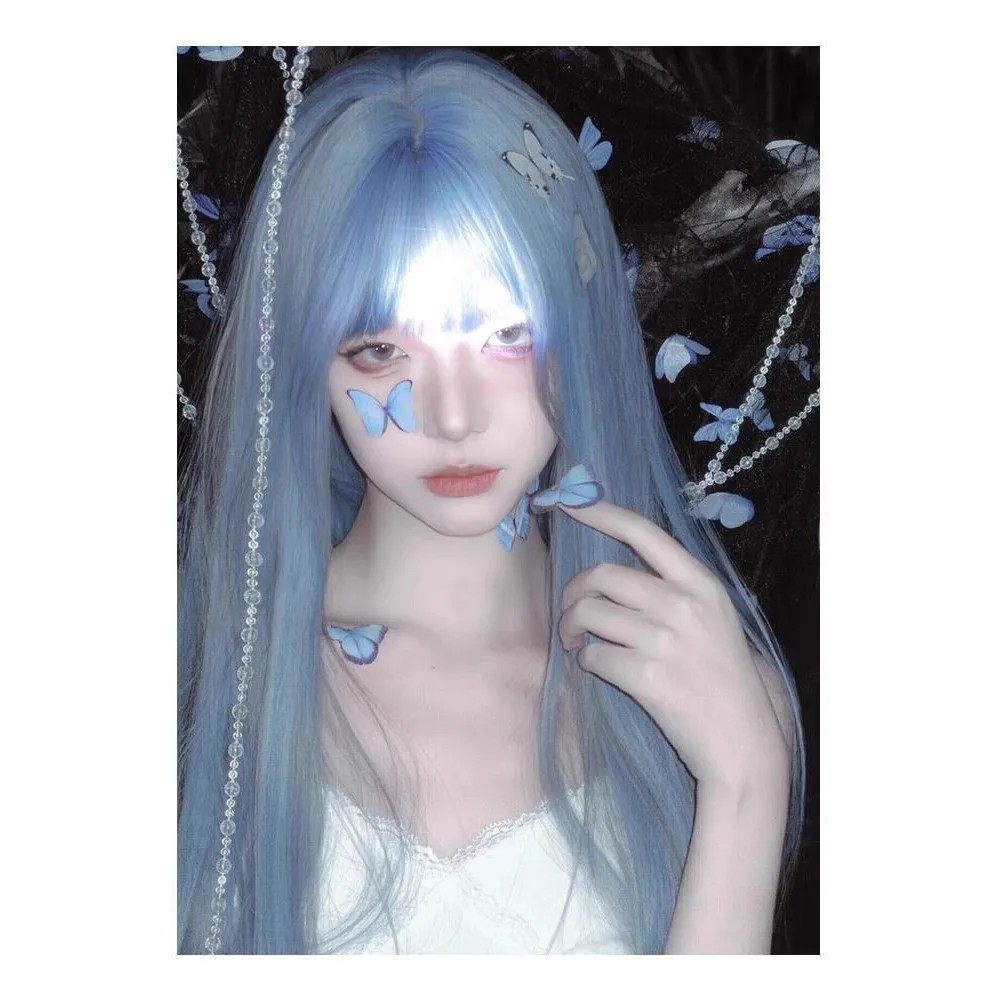 Synthetic Blue Wig for Women, Long Hair, Natural Simulation Full Head Cap Style, Air Long Straight Hair, Internet Celebrity Loli