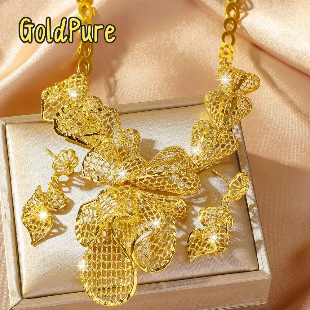 

Набор украшений Goldpure Luxury 24K 9999 из чистого золота: уникальное колье и серьги с цветочным дизайном для невесты Ближнего Востока.
