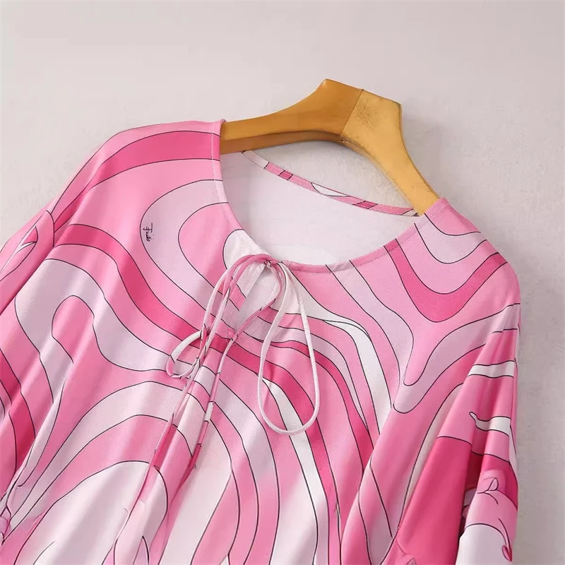 Geometrische Drucken Satin Kaftan Kleid Frauen Stehen Kragen Lose Hohl 2025, Neue Mode Elegante Vestido Urlaub Partei Vintage Robe