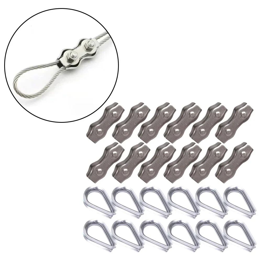 12PCS Duplex Clamp And Wire Rope Thimble Kit 304 Stainless Steel Rope Clip Cable Fastener Bolts Rigging Hardware Clamp