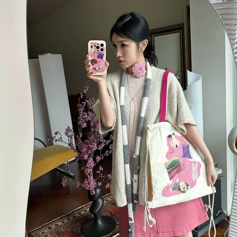 Women Casual Drawstring Shopping Bag Harajuku Kawaii Cute Dog Underarm Bag Fashion Trendy Y2k Aesthetic Chic Shoulder Handbags