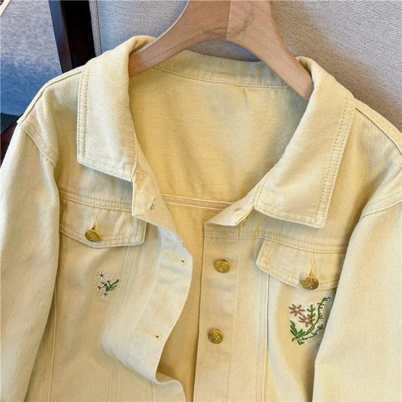 Korean Vintage Flower Embroidery Yellow Short Denim Jacket Women Lapel Single-Breasted Long Sleeve Jeans Jacket Coat Streetwear - view 3
