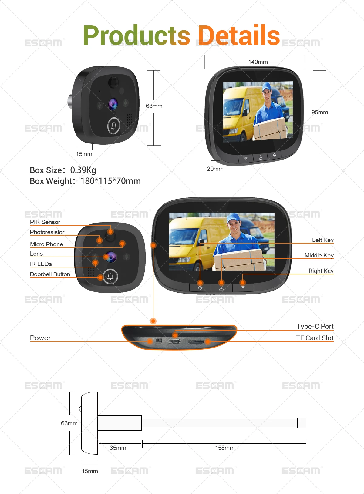 ESCAM C85 – visiophone avec visiophone et visiophone, sonnette IP WIFI, écran de 1080 pouces, visiophone, Angle de 4.3 degrés, 2 mpx, 120 P, application Tuya