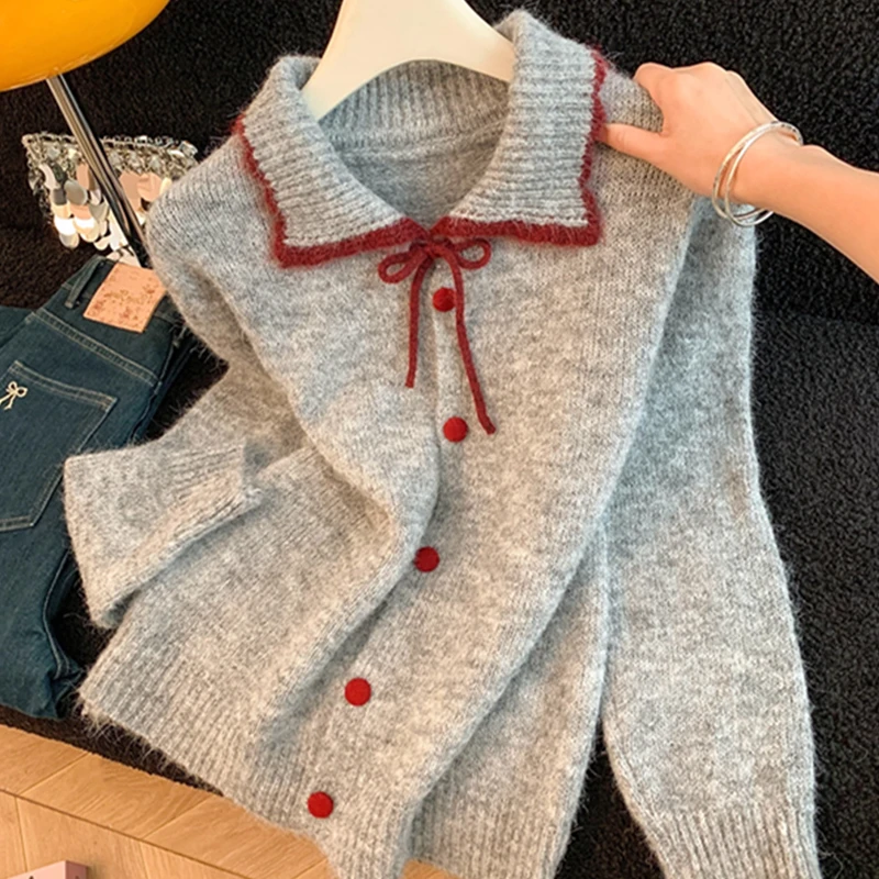   كارديجان طويل محبوك على الطراز الكوري للنساء، ملابس خارجية أنيقة من ألياف البوليستر لموسم الشتاء