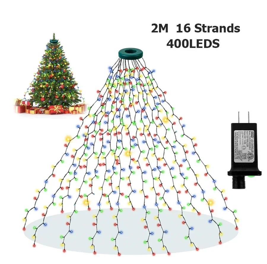 2M * 16 cuerdas con anillo árbol de Navidad luces de cascada 400LED guirnalda de árbol de Navidad luces de cadena de Navidad al aire libre