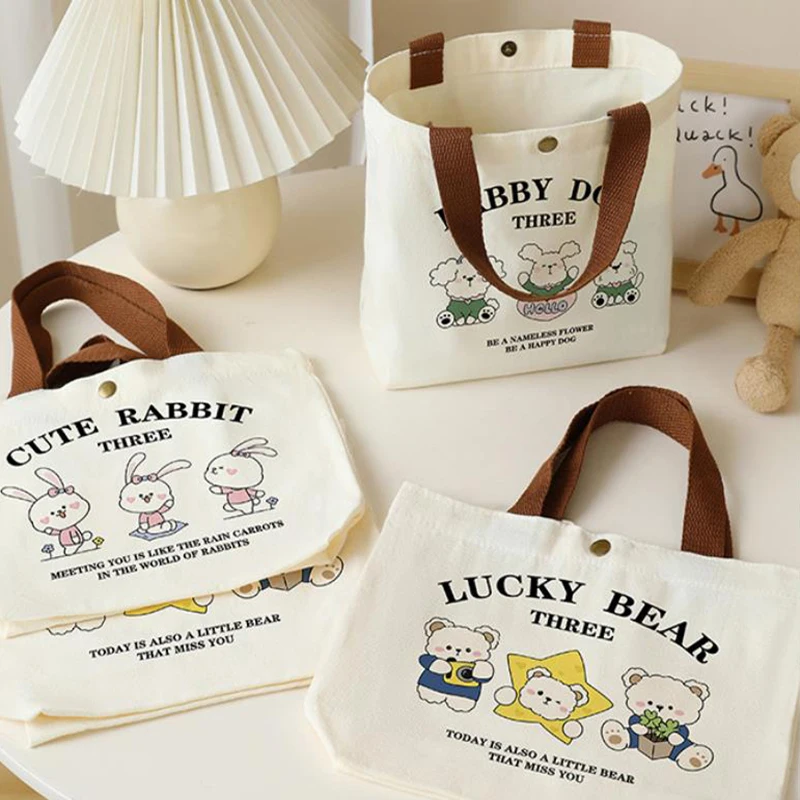 

Cartoon Pattern Printed Canvas Handbag Mini Office Worker Lunch Tote Bag Storage Bags
