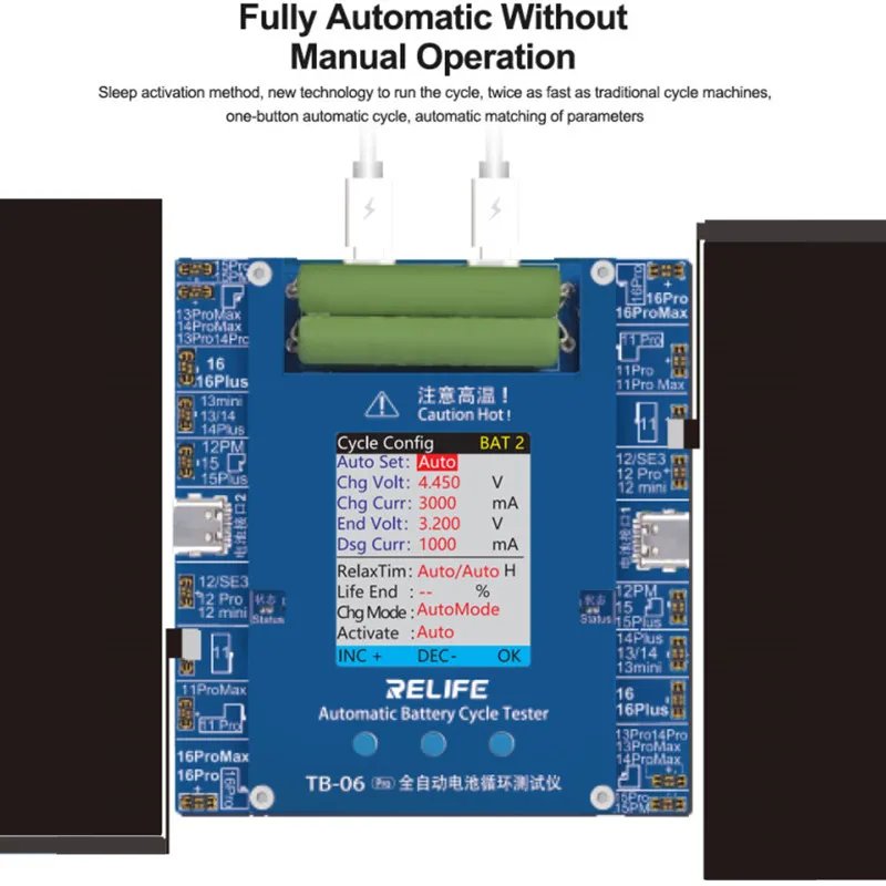 RELIFE TB-06 Pro Fully Automatic Battery Cycle Tester Support IP11-16ProMax Dual Channel One Click Battery Cable Repair Tool