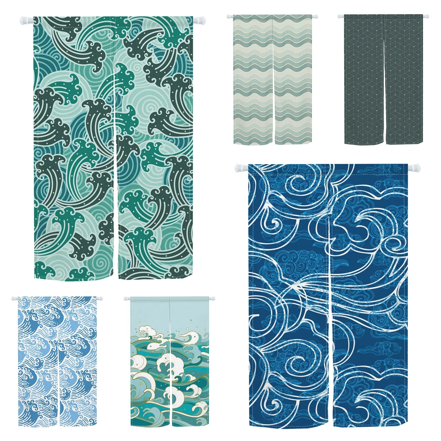 Noren Curtain Japanese Ukiyo-e Wave Print Room Partition Kitchen Entryway Restaurant Privacy Cover Curtain Hanging Linen Curtain