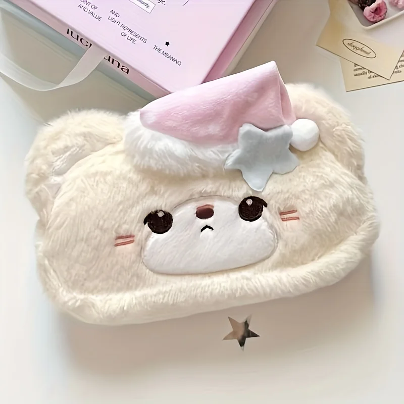 Bear Plush Pencil Case Wearing A Nightcap Large-capacity Stationary Organizer Kawaii Storage Bag Pen Holder Storage Organizer