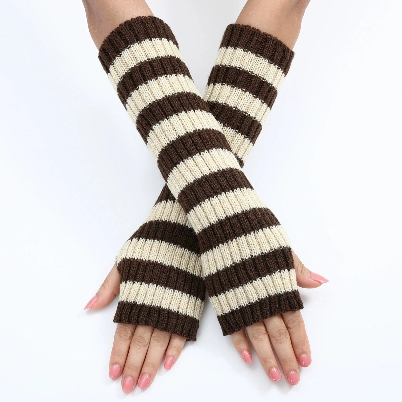 Aotvotee Autumn Winter Arm Warmers Women - Long Fingerless Knitted Gloves Striped Color Block Thermal Sleeve Covers Outdoo