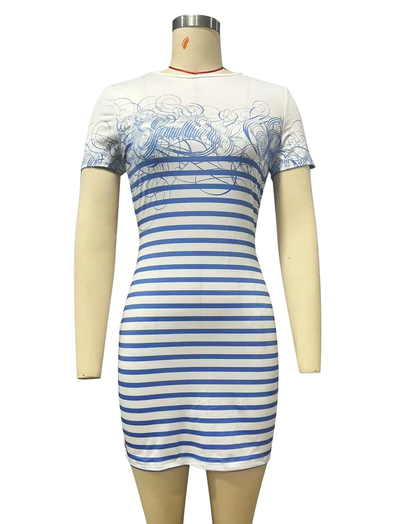 STYLISH LADY Striped Printed Dress 2025 Summer Women Short Sleeve O Neck Sexy Club Party Street Mini Vestidos De Festa