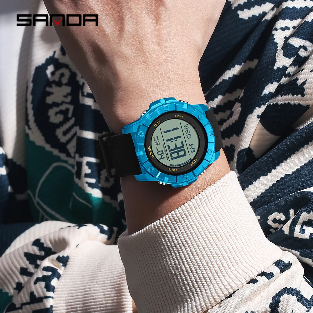 SANDA 2176, модные мужские спортивные электронные часы, многофункциональные светодиодные часы с календарем, водонепроницаемые мужские электронные часы 2024